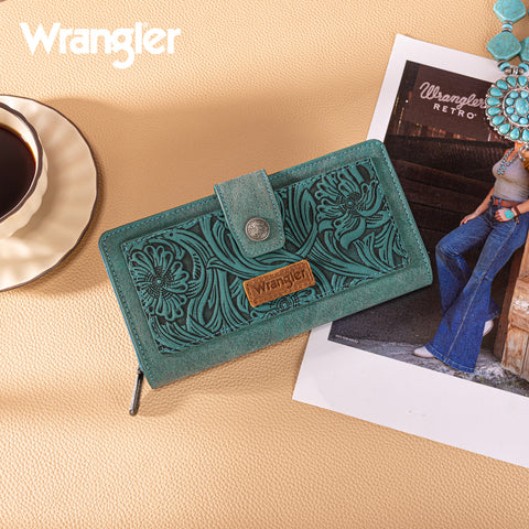 WG339-W080  Wrangler Western Floral Tooled RFID Wallet - Turquoise