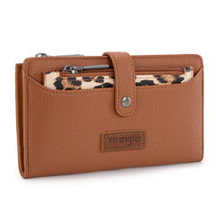 WG366-W091BR   Wrangler Western Bi-Fold  RFID Wallet/Wristlet With Detachable Pouch-Brown