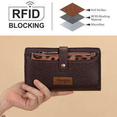 WG366-W091CF   Wrangler Western Bi-Fold  RFID Wallet/Wristlet With Detachable Pouch-Coffee