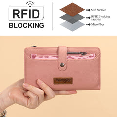 WG366-W091DPK   Wrangler Western Bi-Fold  RFID Wallet/Wristlet With Detachable Pouch-Dark Pinky)