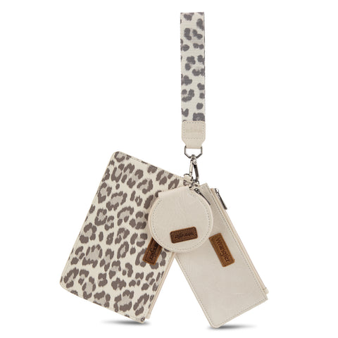 WG366-W114  Wrangler Leopard Print Dual Pouch Wristlet with Zipper Round Case- Beige