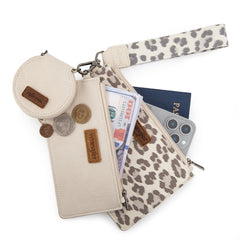 WG366-W114  Wrangler Leopard Print Dual Pouch Wristlet with Zipper Round Case- Beige