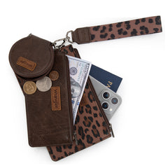 WG366-W114  Wrangler Leopard Print Dual Pouch Wristlet with Zipper Round Case-Coffee