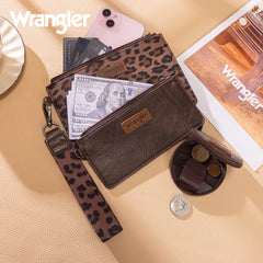 WG366-W114  Wrangler Leopard Print Dual Pouch Wristlet with Zipper Round Case-Coffee