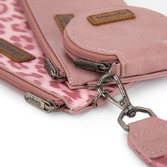 WG366-W114  Wrangler Leopard Print Dual Pouch Wristlet with Zipper Round Case- Dark Pink