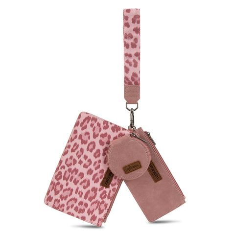 WG366-W114  Wrangler Leopard Print Dual Pouch Wristlet with Zipper Round Case- Dark Pink