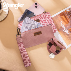 WG366-W114  Wrangler Leopard Print Dual Pouch Wristlet with Zipper Round Case- Dark Pink