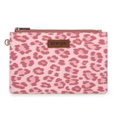 WG366-W114  Wrangler Leopard Print Dual Pouch Wristlet with Zipper Round Case- Dark Pink