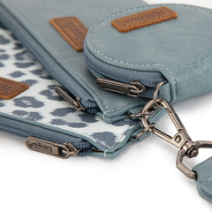 WG366-W114  Wrangler Leopard Print Dual Pouch Wristlet with Zipper Round Case-Jean