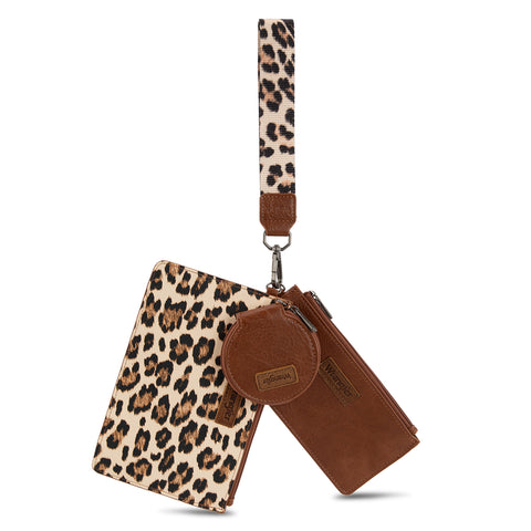 WG366-W114  Wrangler Leopard Print Dual Pouch Wristlet with Zipper Round Case-Leopard