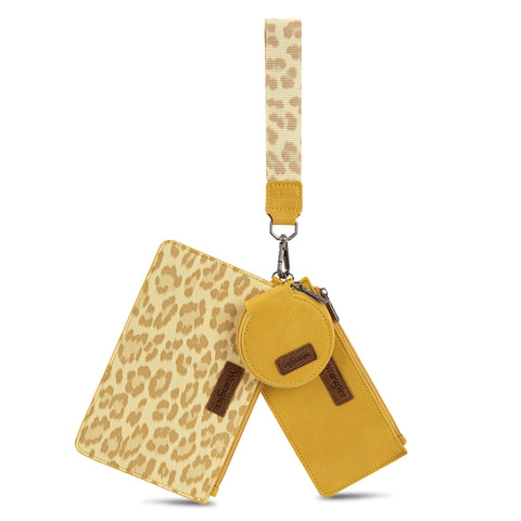WG366-W114  Wrangler Leopard Print Dual Pouch Wristlet with Zipper Round Case- Yellow