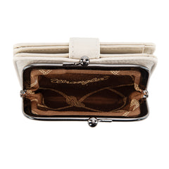 WWG366-W116BG  Wrangler Western Leopard Print Small Bi-Fold with Kiss Clasp Coin Purse -Beige