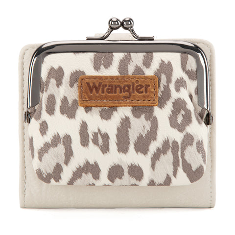 WWG366-W116BG  Wrangler Western Leopard Print Small Bi-Fold with Kiss Clasp Coin Purse -Beige