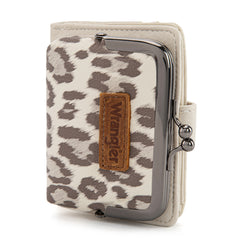 WWG366-W116BG  Wrangler Western Leopard Print Small Bi-Fold with Kiss Clasp Coin Purse -Beige