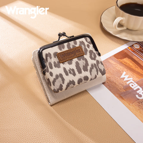 WWG366-W116BG  Wrangler Western Leopard Print Small Bi-Fold with Kiss Clasp Coin Purse -Beige