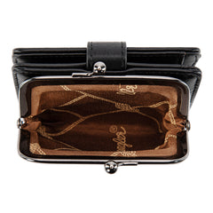 WG366-W116BK  Wrangler Western Leopard Print Small Bi-Fold with Kiss Clasp Coin Purse -Black