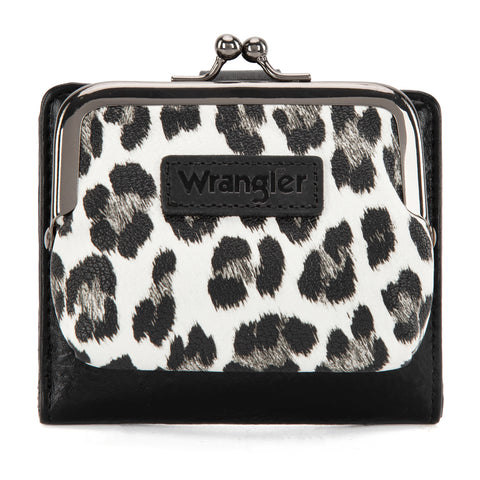 WG366-W116BK  Wrangler Western Leopard Print Small Bi-Fold with Kiss Clasp Coin Purse -Black