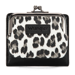 WG366-W116BK  Wrangler Western Leopard Print Small Bi-Fold with Kiss Clasp Coin Purse -Black