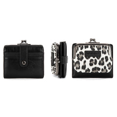 WG366-W116BK  Wrangler Western Leopard Print Small Bi-Fold with Kiss Clasp Coin Purse -Black