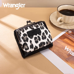 WG366-W116BK  Wrangler Western Leopard Print Small Bi-Fold with Kiss Clasp Coin Purse -Black