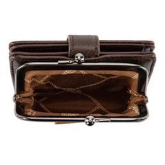 WG366-W116CF  Wrangler Western Leopard Print Small Bi-Fold with Kiss Clasp Coin Purse -Coffee