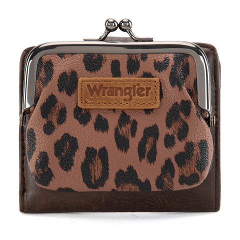 WG366-W116CF  Wrangler Western Leopard Print Small Bi-Fold with Kiss Clasp Coin Purse -Coffee