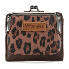 WG366-W116CF  Wrangler Western Leopard Print Small Bi-Fold with Kiss Clasp Coin Purse -Coffee