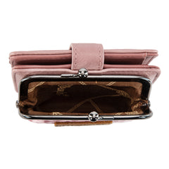 WG366-W116DPK  Wrangler Western Leopard Print Small Bi-Fold with Kiss Clasp Coin Purse -Dark Pink