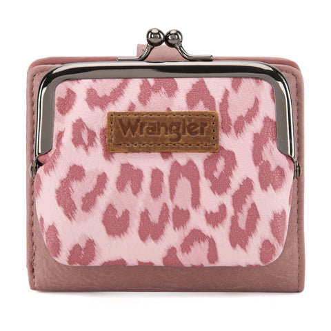 WG366-W116DPK  Wrangler Western Leopard Print Small Bi-Fold with Kiss Clasp Coin Purse -Dark Pink