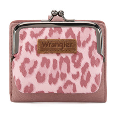 WG366-W116DPK  Wrangler Western Leopard Print Small Bi-Fold with Kiss Clasp Coin Purse -Dark Pink