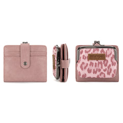 WG366-W116DPK  Wrangler Western Leopard Print Small Bi-Fold with Kiss Clasp Coin Purse -Dark Pink
