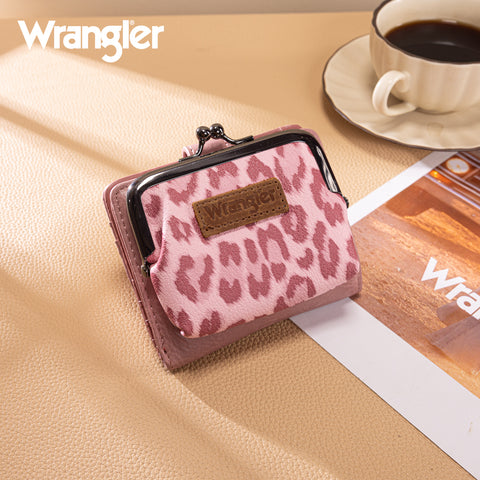 WG366-W116DPK  Wrangler Western Leopard Print Small Bi-Fold with Kiss Clasp Coin Purse -Dark Pink