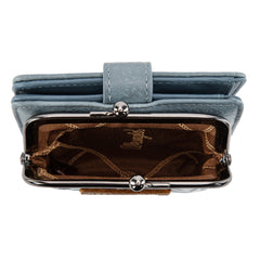 WG366-W116JN Wrangler Western Leopard Print Small Bi-Fold with Kiss Clasp Coin Purse - Jean