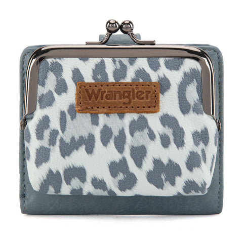 WG366-W116JN Wrangler Western Leopard Print Small Bi-Fold with Kiss Clasp Coin Purse - Jean