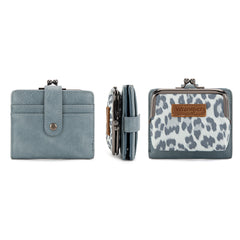 WG366-W116JN Wrangler Western Leopard Print Small Bi-Fold with Kiss Clasp Coin Purse - Jean