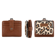 WG366-W116LP  Wrangler Western Leopard Print Small Bi-Fold with Kiss Clasp Coin Purse -Leopard