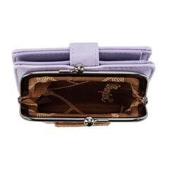 WG366-W116PP  Wrangler Western Leopard Print Small Bi-Fold with Kiss Clasp Coin Purse -Purple