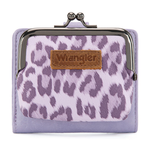 WG366-W116PP  Wrangler Western Leopard Print Small Bi-Fold with Kiss Clasp Coin Purse -Purple