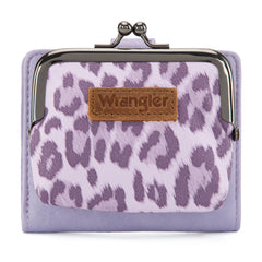 WG366-W116PP  Wrangler Western Leopard Print Small Bi-Fold with Kiss Clasp Coin Purse -Purple