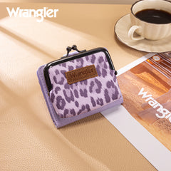WG366-W116PP  Wrangler Western Leopard Print Small Bi-Fold with Kiss Clasp Coin Purse -Purple