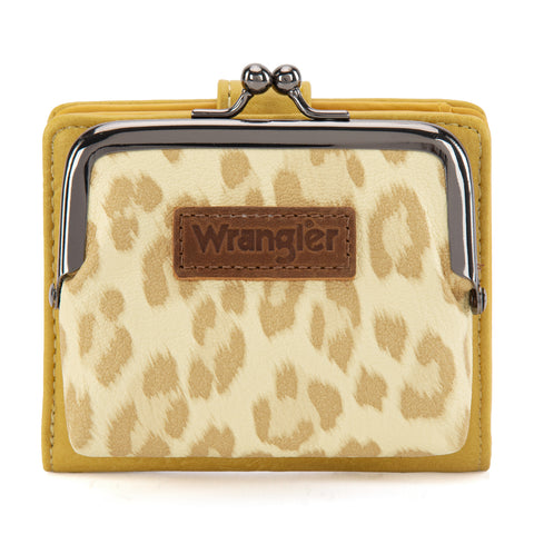 WG366-W116YL  Wrangler Western Leopard Print Small Bi-Fold with Kiss Clasp Coin Purse -Yellow)