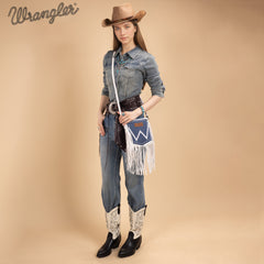 WG367-8360  Wrangler Leather Fringe Jean Denim Pocket Crossbody - Beige