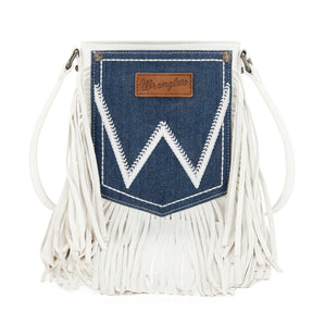 WG367-8360 Wrangler Leather Fringe Jean Denim Pocket Crossbody - Beige