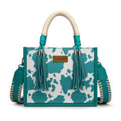 PRE-ORDER WG386-8120S  Wrangler Cow Print Tote/Crossbody -Turquoise