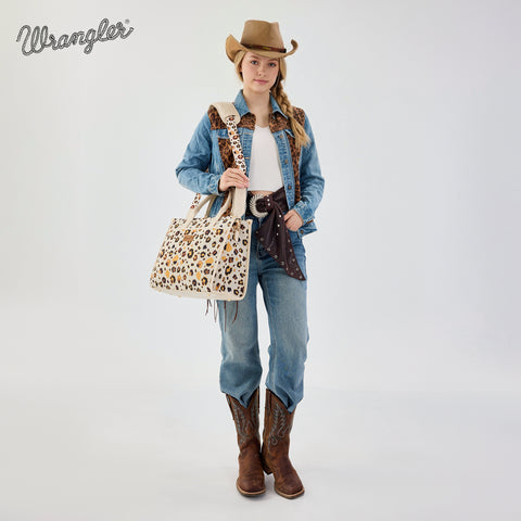 WG436-8119BG  Wrangler Leopard Print Canvas Oversized Tote with Adjustable Strap- Beige