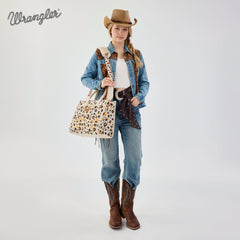 WG436-8119BG  Wrangler Leopard Print Canvas Oversized Tote with Adjustable Strap- Beige