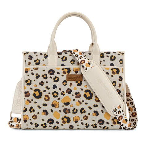 WG436-8119BG  Wrangler Leopard Print Canvas Oversized Tote with Adjustable Strap- Beige