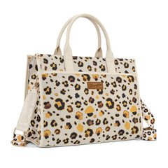 WG436-8119BG  Wrangler Leopard Print Canvas Oversized Tote with Adjustable Strap- Beige