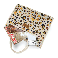 WG436-8119BG  Wrangler Leopard Print Canvas Oversized Tote with Adjustable Strap- Beige