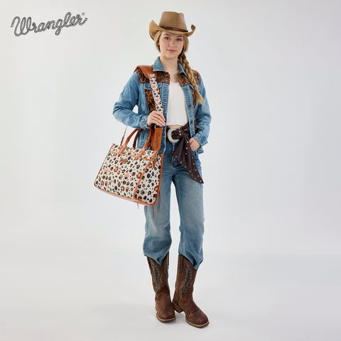WG436-8119BR  Wrangler Leopard Print Canvas Oversized Tote with Adjustable Strap- Brown